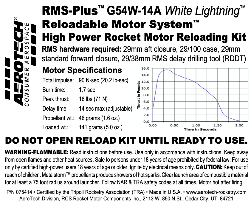 Aerotech RMS-29/100 G54W-14A White Lightning Model Rocket Motor Reload Kit