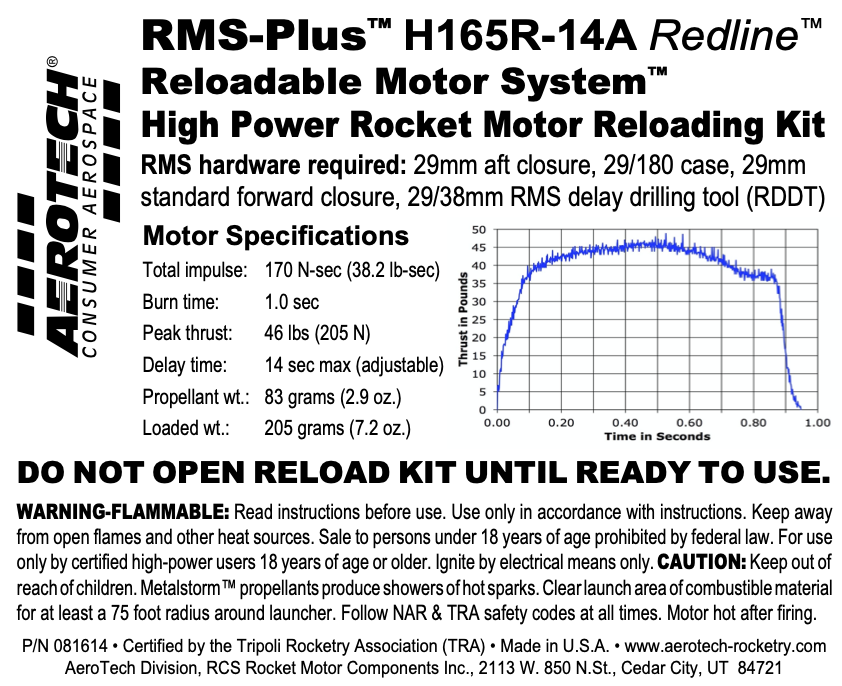 Aerotech RMS-29/180 H165R-14A Redline Model Rocket Motor Reload Kit