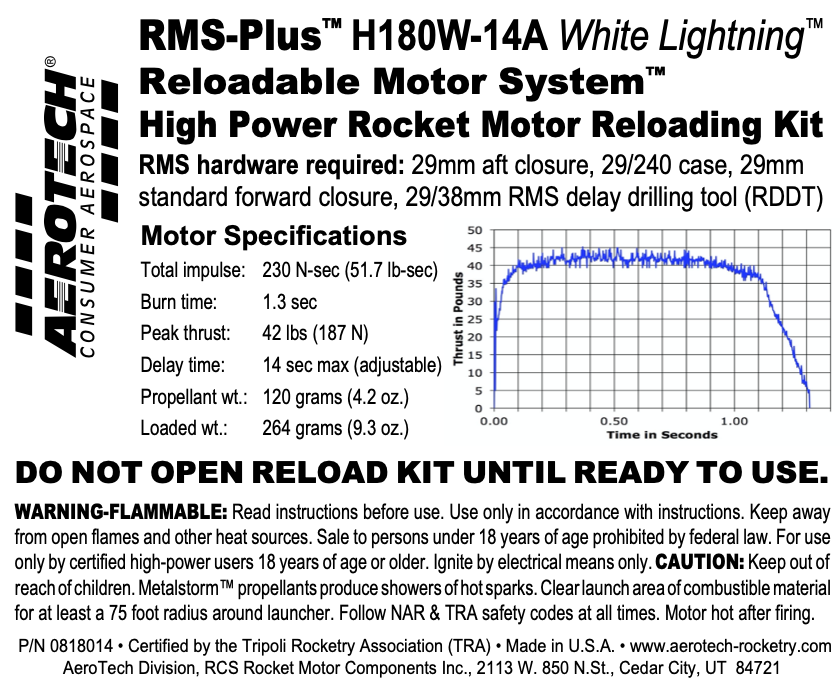 Aerotech RMS-29/240 H180W-14A White Lightning Model Rocket Motor Reload Kit
