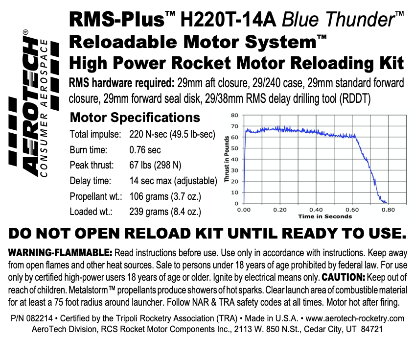 Aerotech RMS-29/240 H220T-14A Blue Thunder Model Rocket Motor Reload Kit (requires FSD)