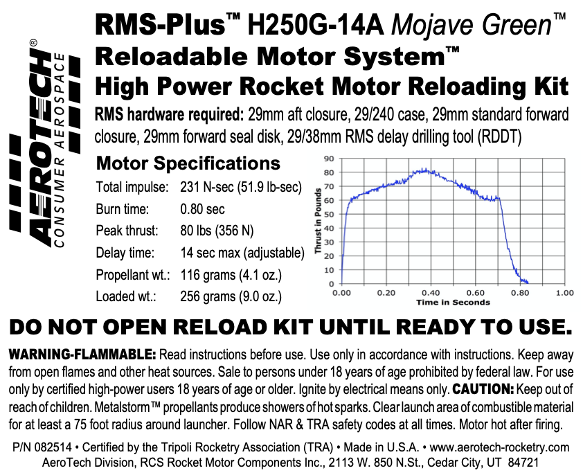 Aerotech RMS-29/240 H250G-14A Mojave Green Model Rocket Motor Reload Kit (requires FSD)