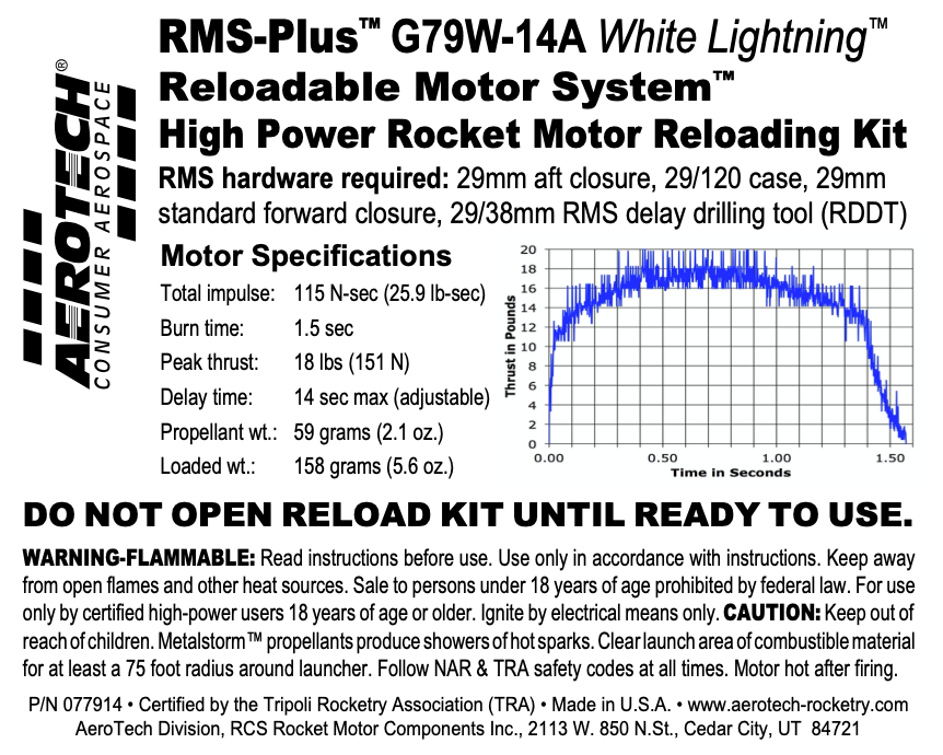 Aerotech RMS-29/120 G79W-14A White Lightning Model Rocket Motor Reload Kit