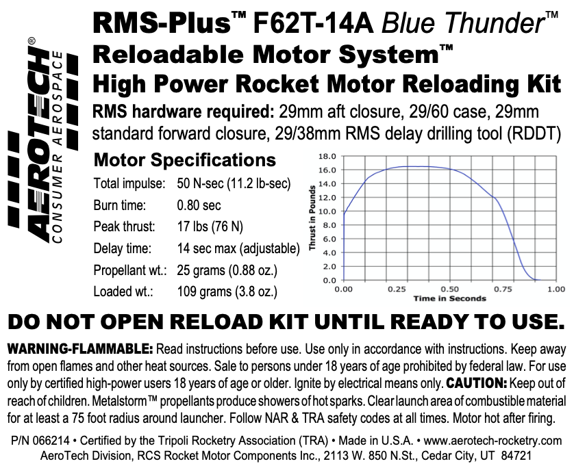Aerotech RMS-29/60 F62T-14A Blue Thunder Model Rocket Motor Reload Kit