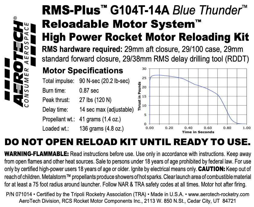 Aerotech RMS-29/100 G104T-14A Blue Thunder Model Rocket Motor Reload Kit