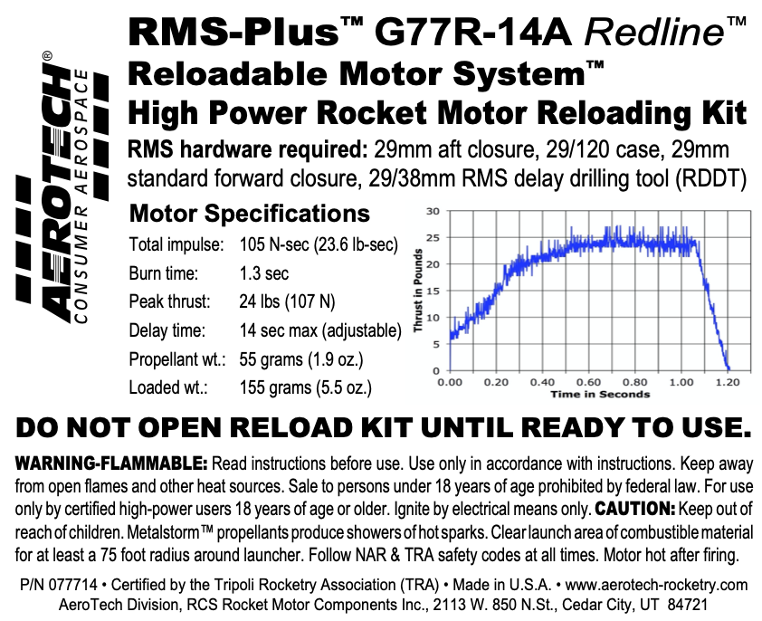 Aerotech RMS-29/120 G77R-14A Redline Model Rocket Motor Reload Kit