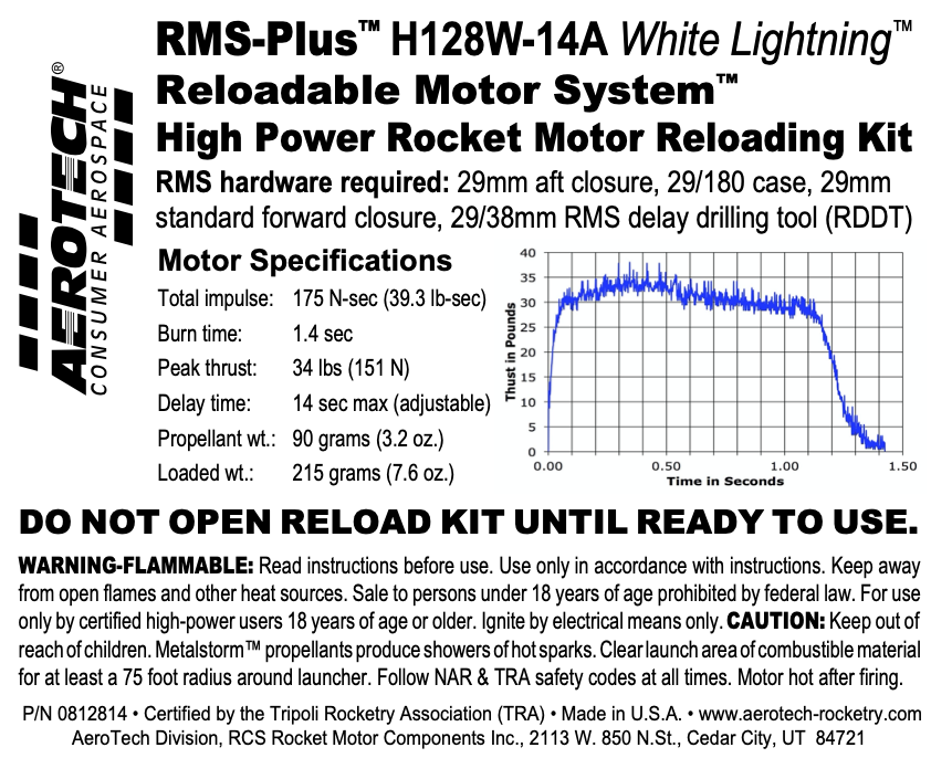 Aerotech RMS-29/180 H128W-14A White Lightning Model Rocket Motor Reload Kit