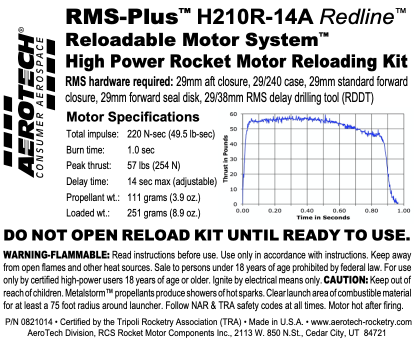 Aerotech RMS-29/240 H210R-14A Redline Model Rocket Motor Reload Kit (requires FSD)