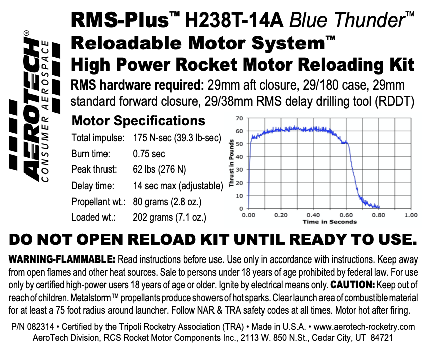 Aerotech RMS-29/180 H238T-14A  Blue Thunder Model Rocket Motor Reload Kit